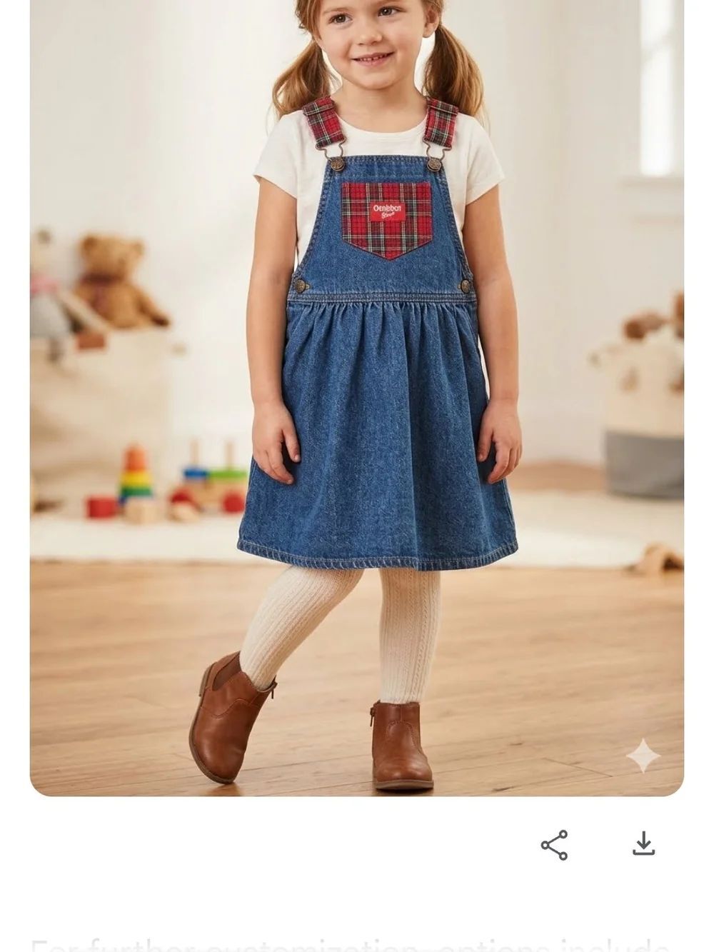 Vintage USA OshKosh B'gosh Blue Denim Overall Dress with Red Plaid Pocket K101